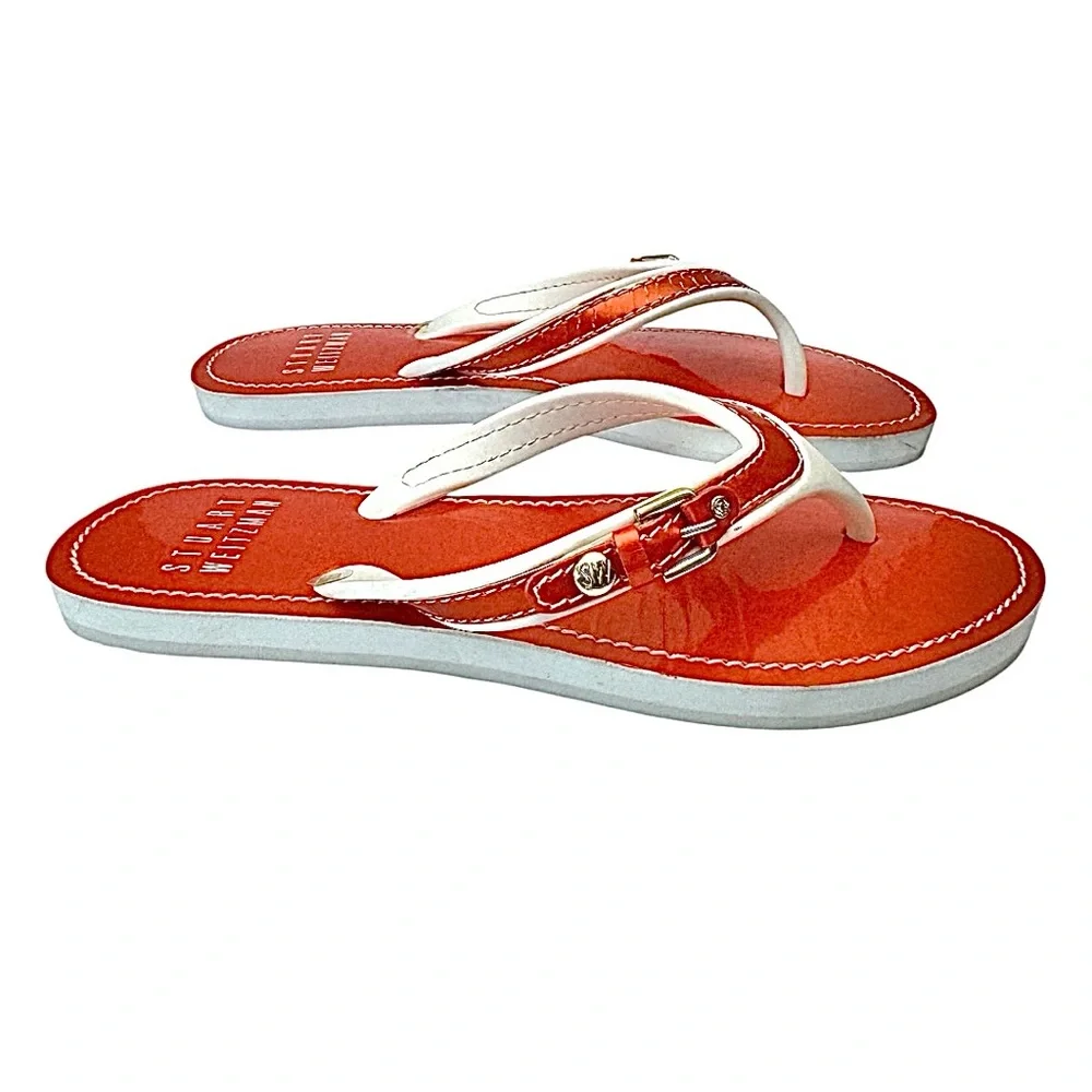 Stuart Weitzman Orange White Thong Sandals Women’s Size 6M Beach Flip Flops